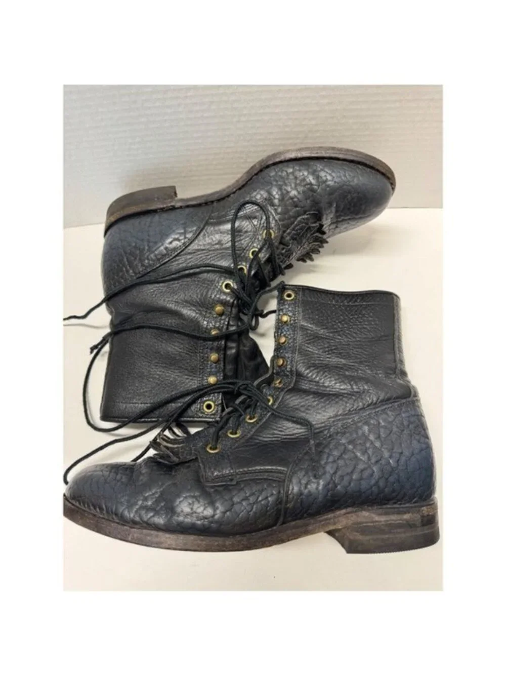 Justin Vintage Black Pebble Comb Leather Lace Up Packer Boots Mens 8.5 E USA - Picture 8 of 13